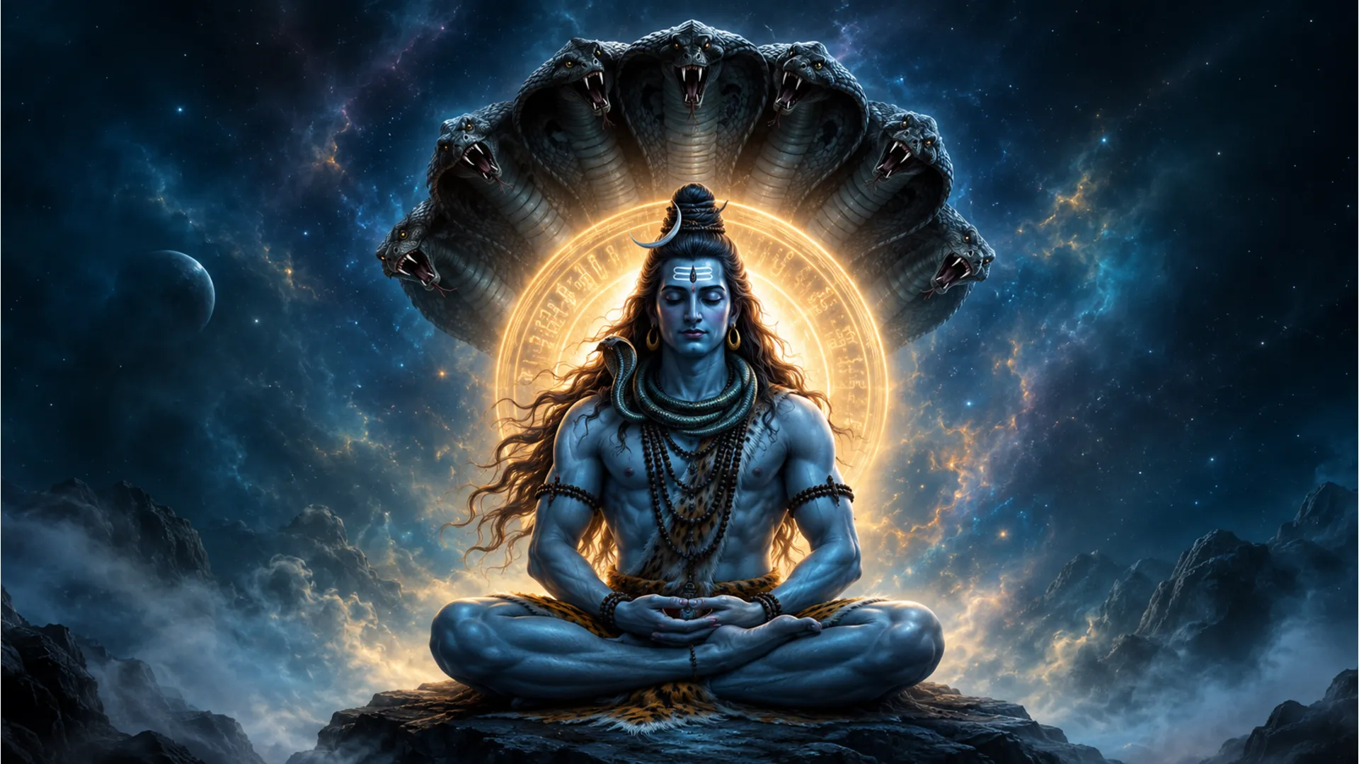 : Digital artwork of Lord Shiva meditating with glowing background and multi-headed serpent.