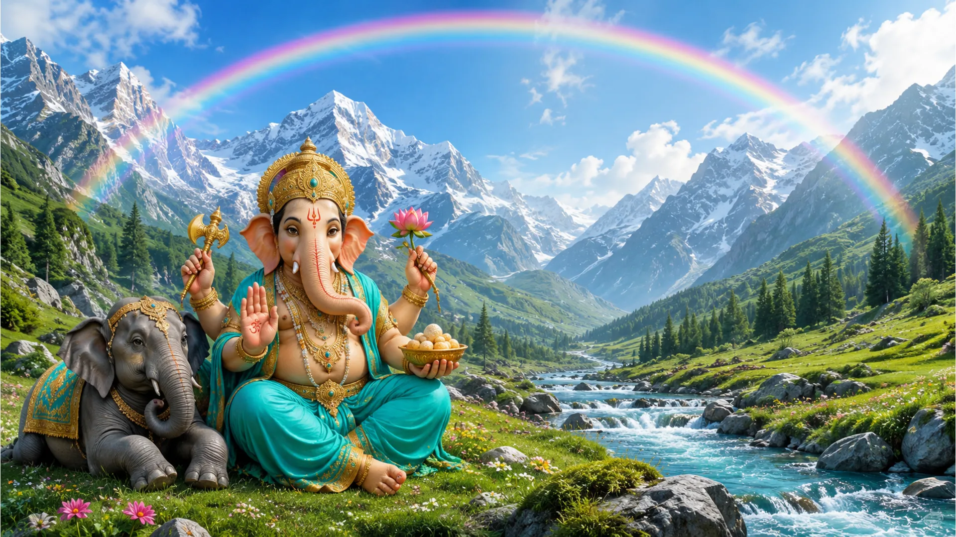Lord Ganesha on an elephant inside a beautiful mountain valley with a river and rainbow