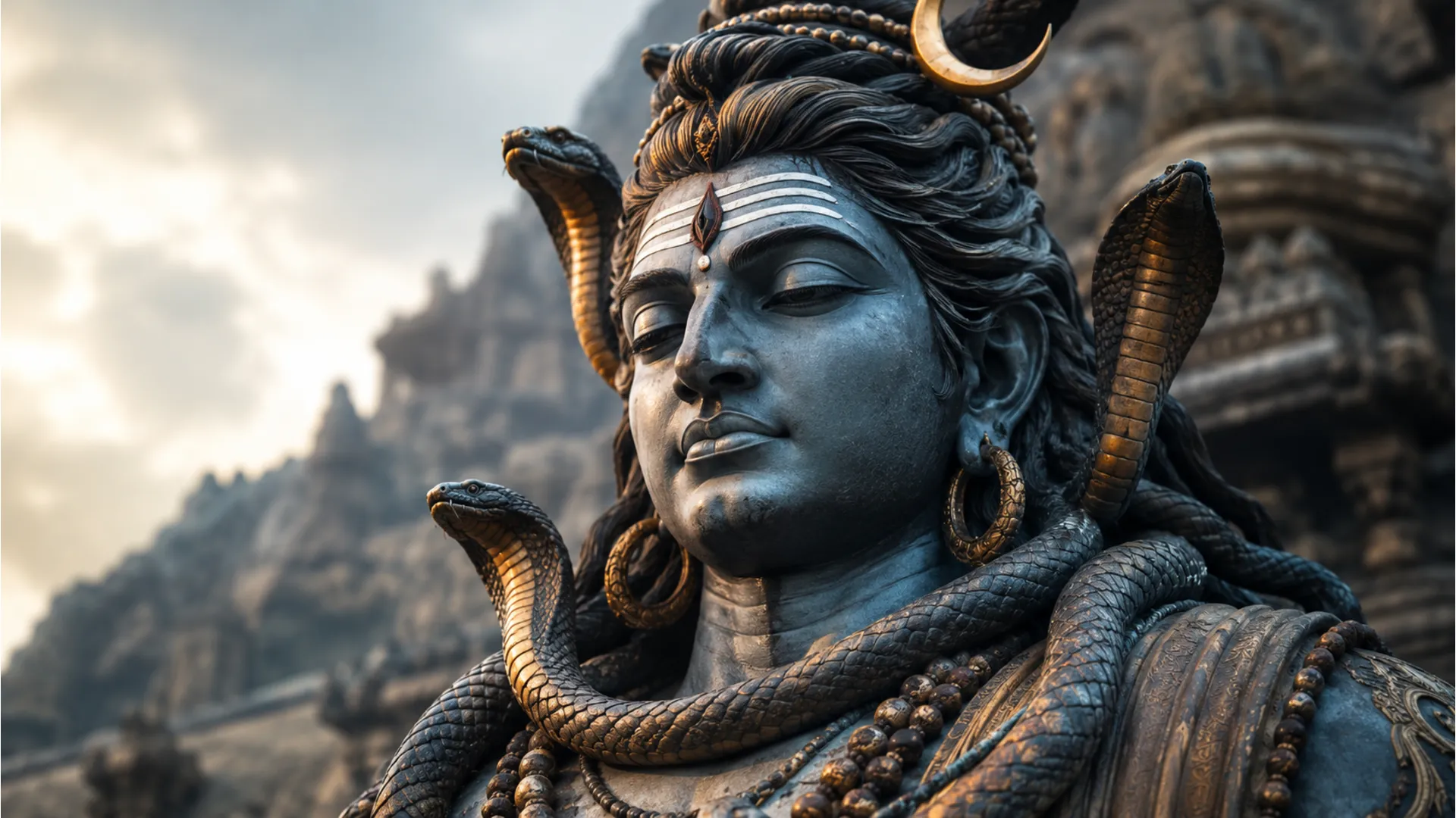 Close-up of Shiva statue with snakes around neck and head