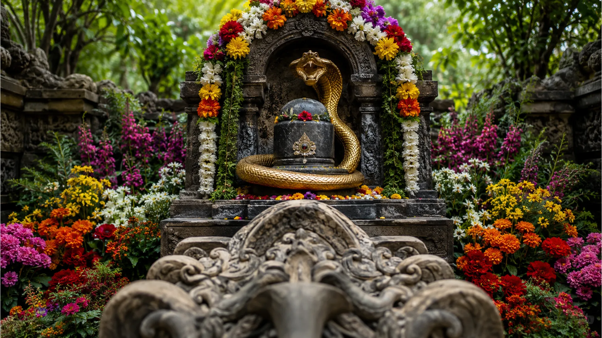 Sacred stone decorated with flowers and a snake-shaped metal element