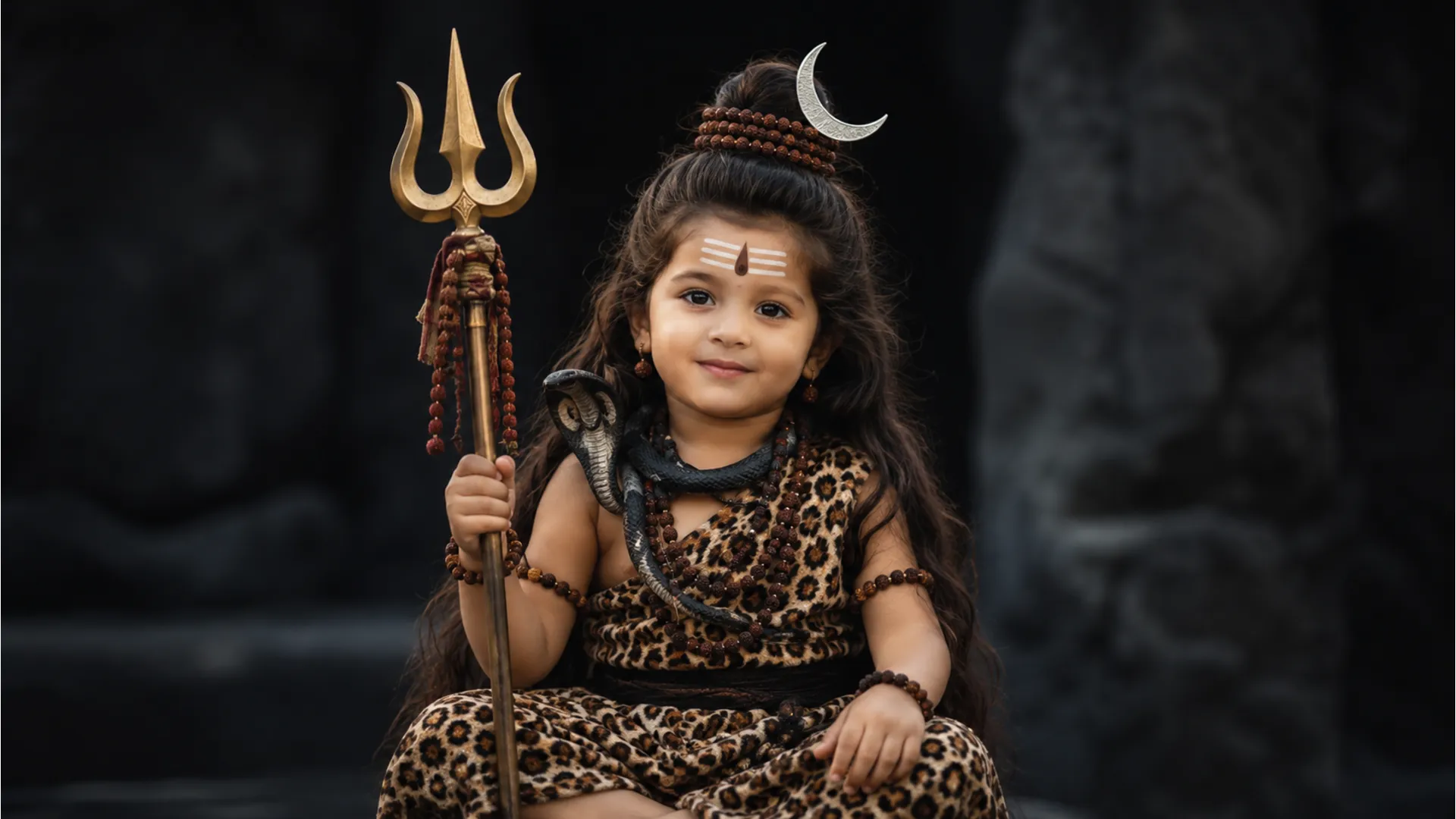 Small child dressed as Lord Shiva sitting with a trident and traditional costume.