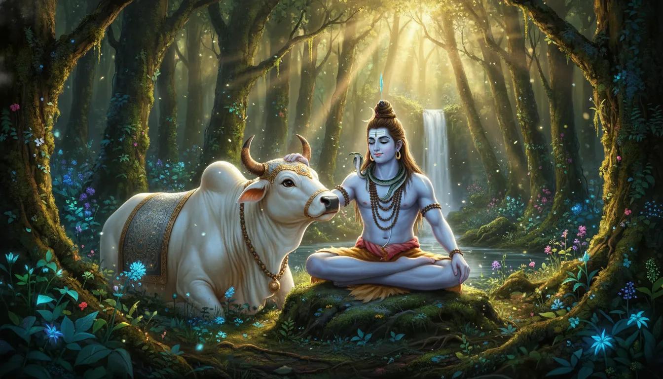 Bholenath meditating near a beautiful waterfall in a peaceful forest setting