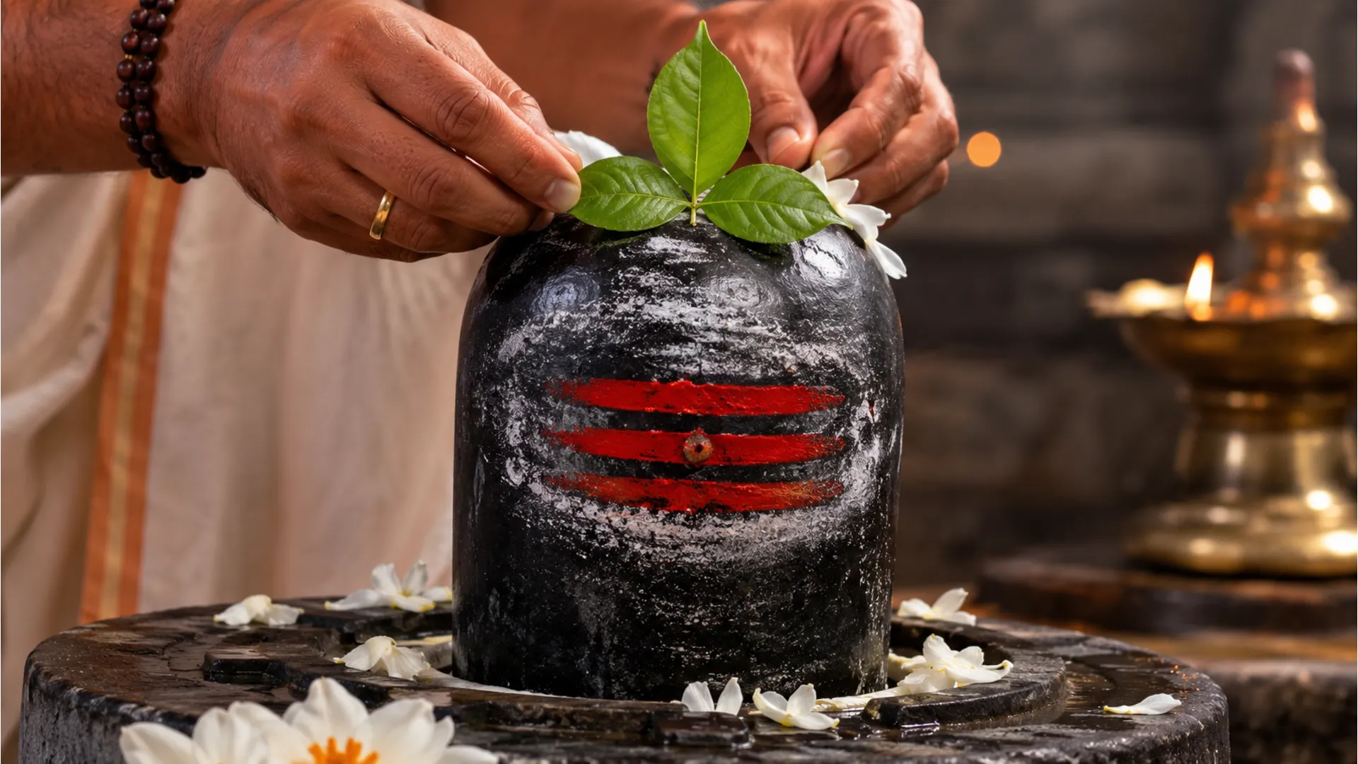 Human hands placing holy bael leaves and flowers onto a black Shiva Lingam