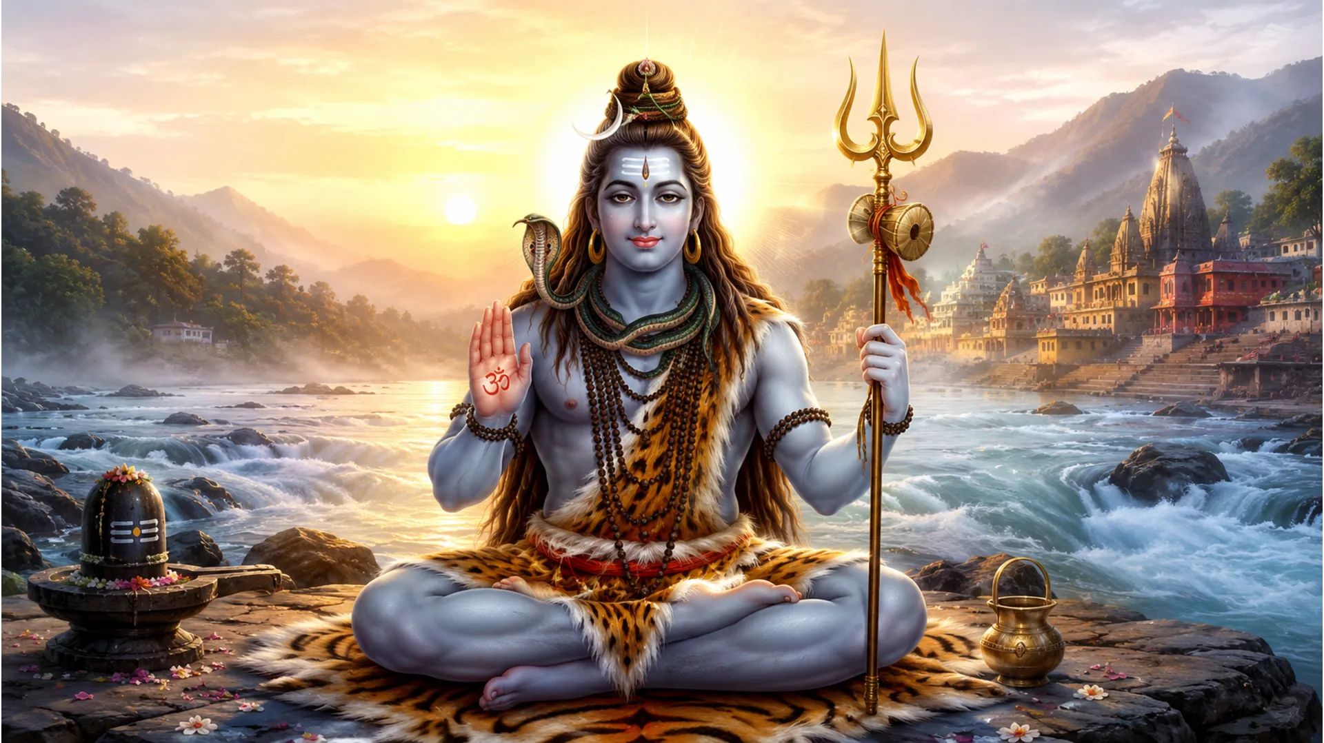 Lord Shiva sitting near the river Ganga raising His hand in blessing while holding a trident.