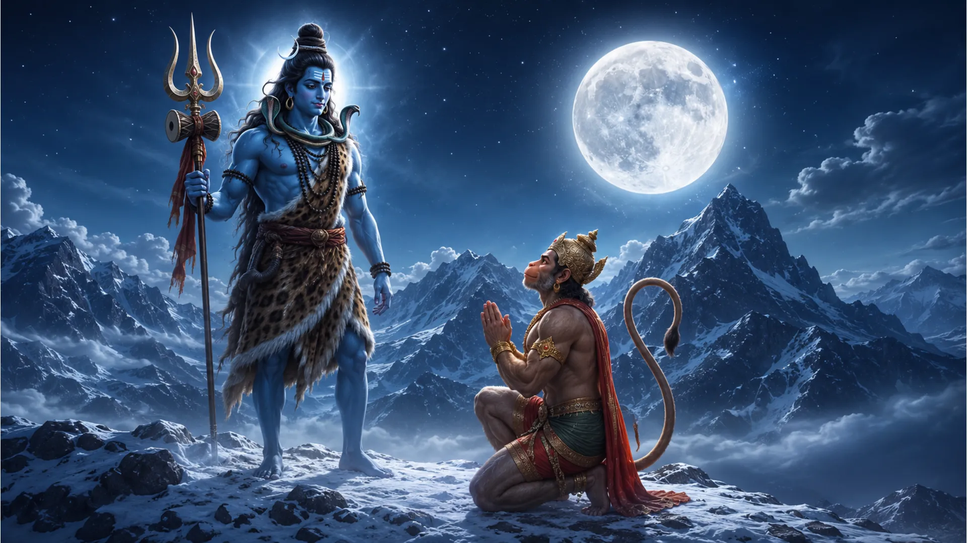 Blue Lord Shiva standing with a trident near Hanuman on snowy mountains under a glowing moon