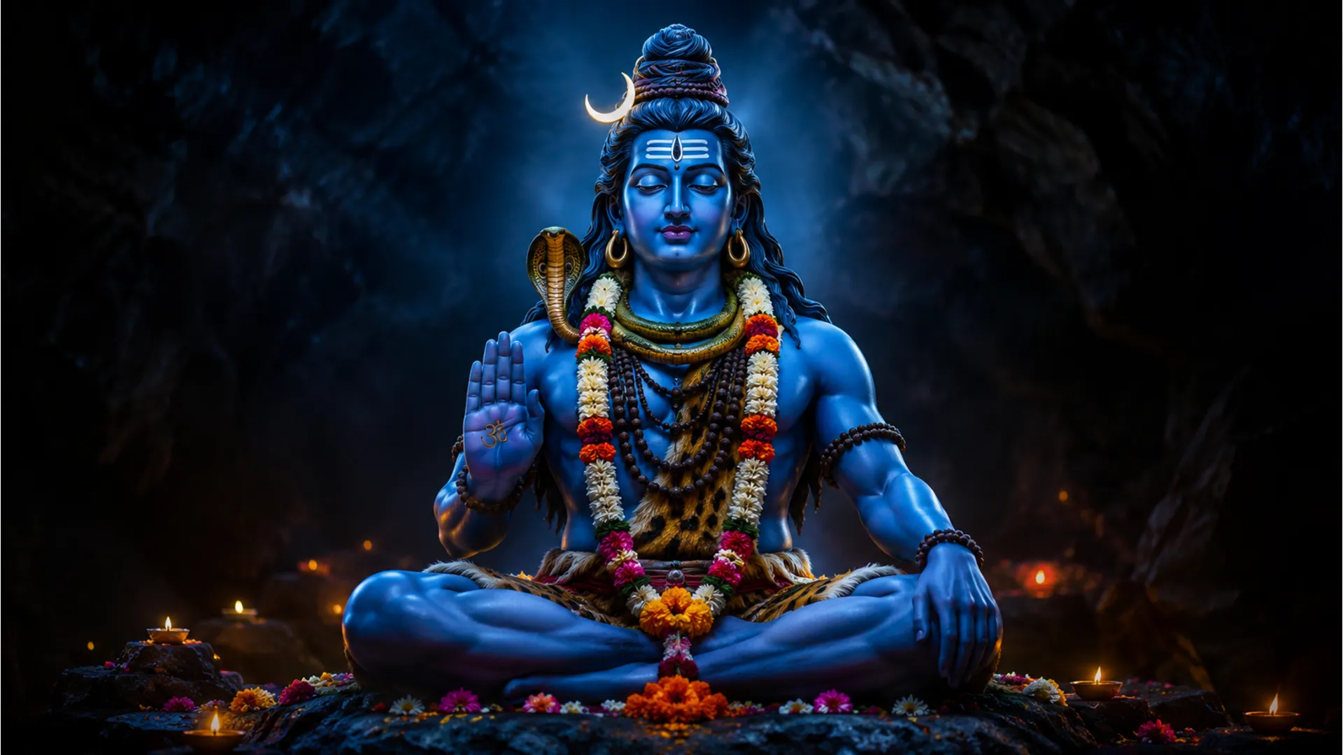 Blue-colored Lord Shiva idol seated in meditation with garlands and sacred markings.