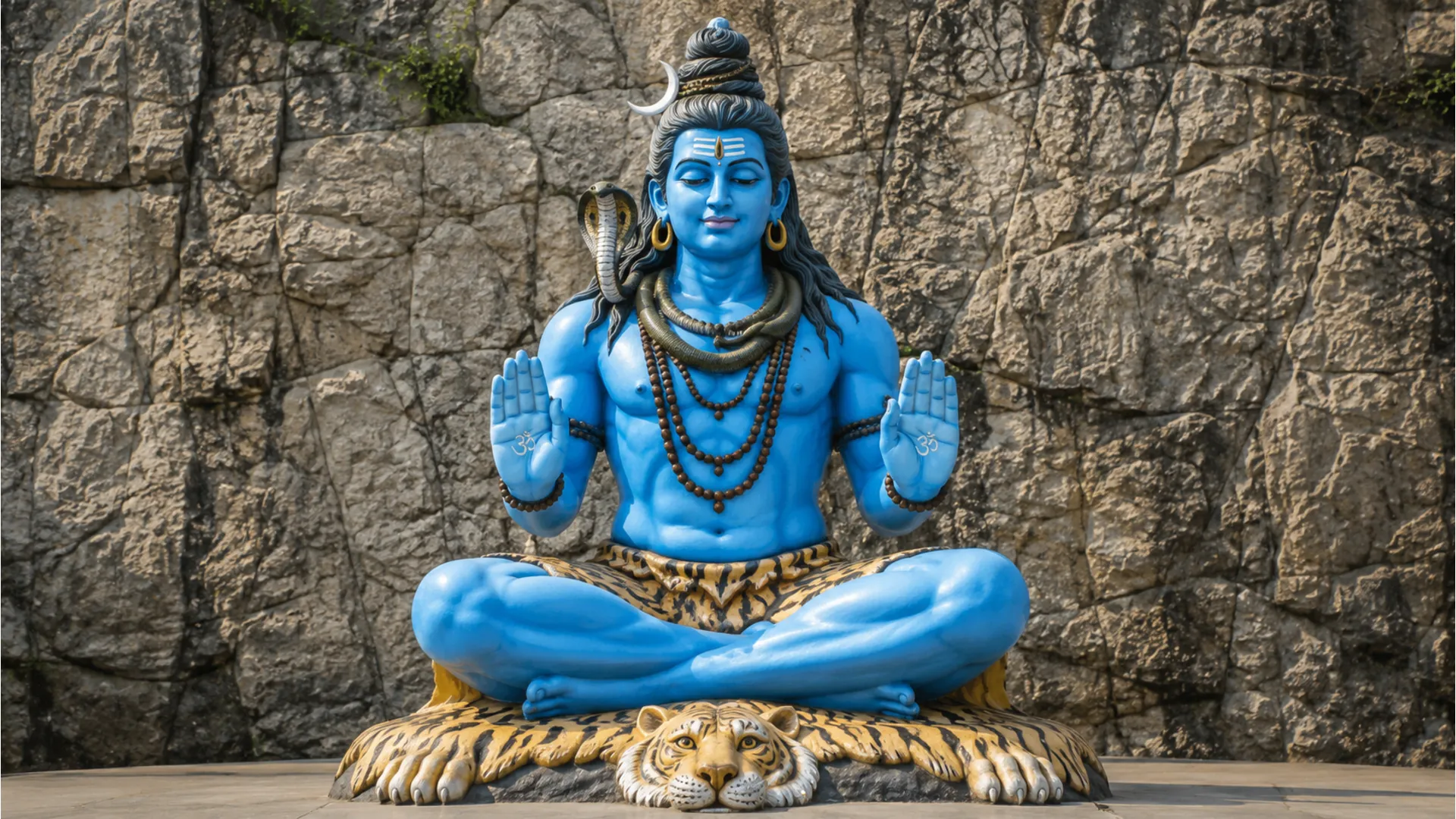 Blue Shiva statue sitting cross-legged with open palms against a rocky wall