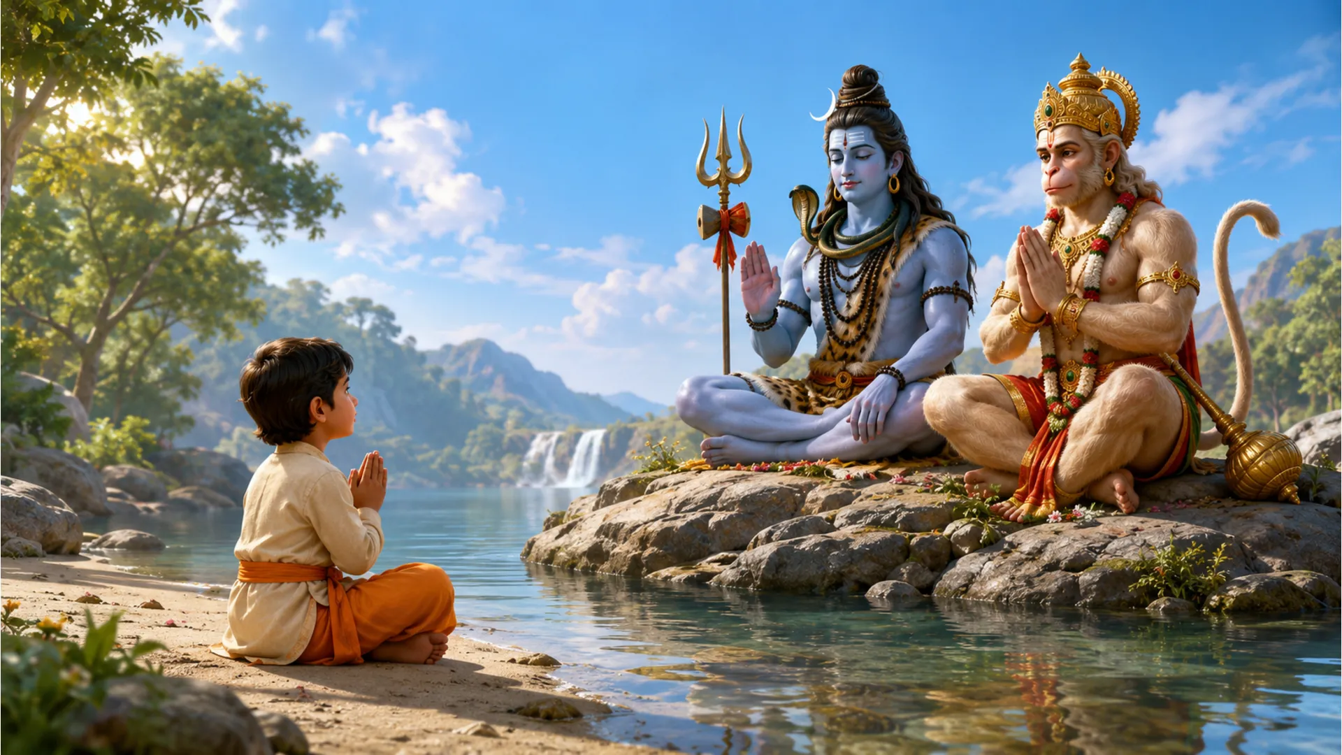 A child praying on a beach toward Lord Shiva and Hanuman near clear water and rocks