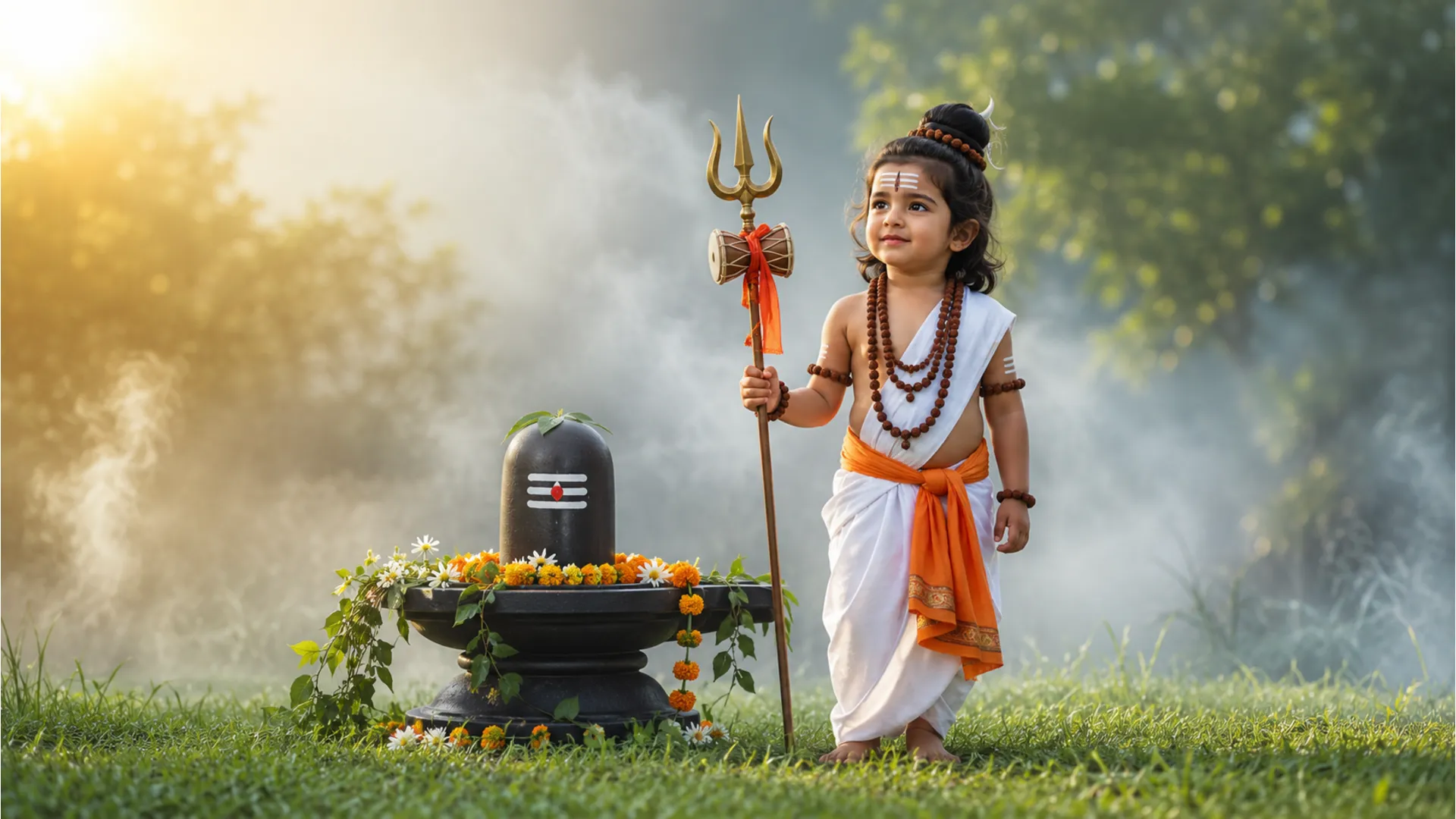 A smiling child dressed in Lord Shiva-inspired clothing stands beside a decorated lingam and trident in a misty outdoor setting.
