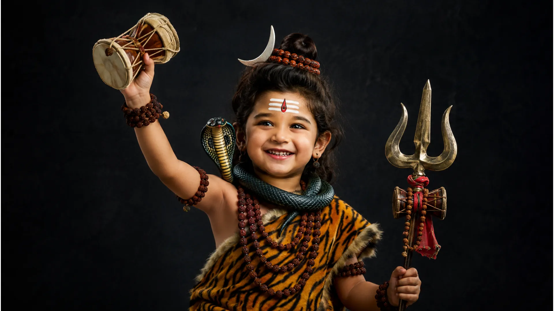 Young child dressed as Lord Shiva holding a trident and small drum with a snake around the neck.