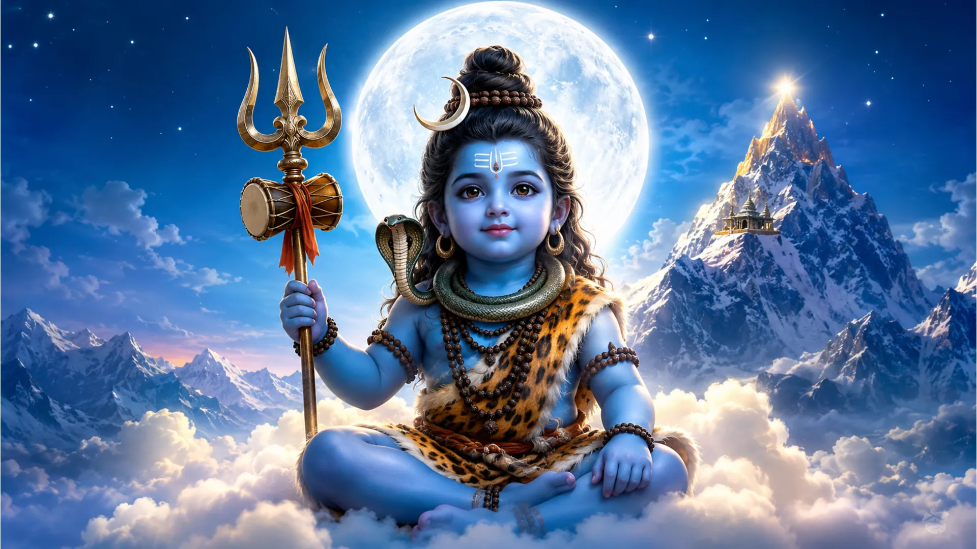 A child depiction of Lord Shiva walks across clouds holding a trident.