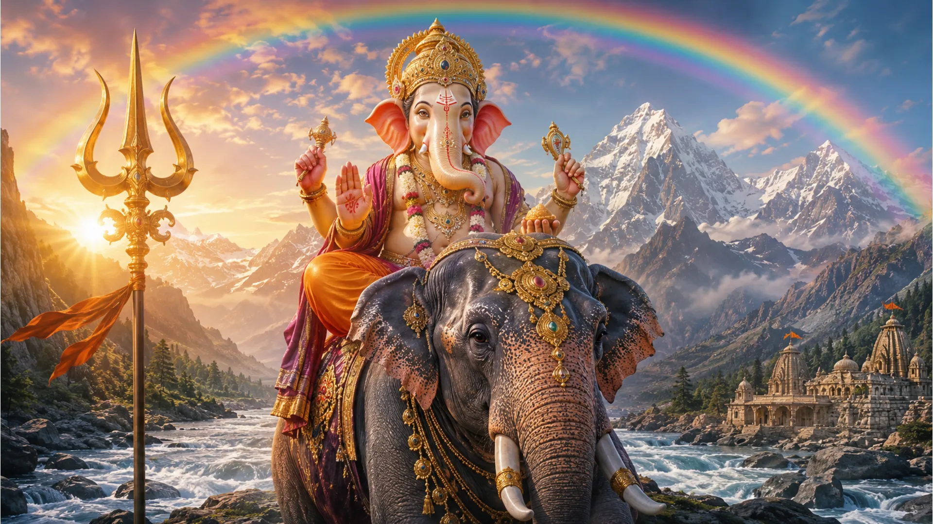 Cinematic view of Lord Ganesha with trident on elephant near river with mountains and rainbow