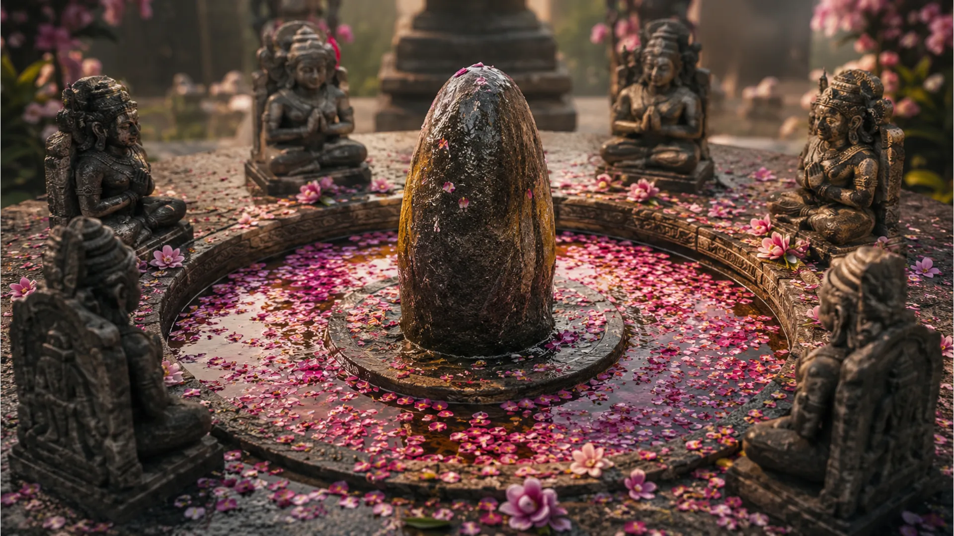 Sacred stone in a circular base surrounded by scattered flower petals