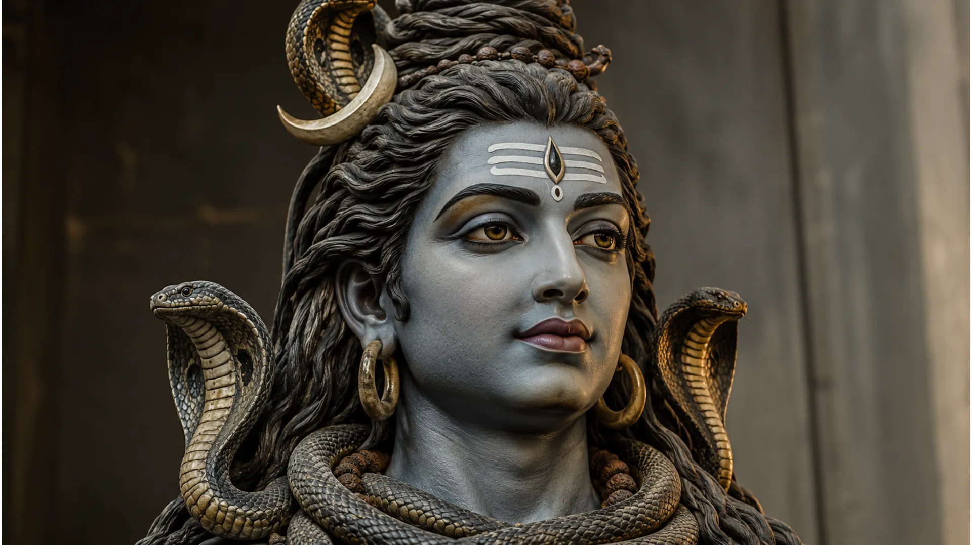Close-up view of an artistic Lord Shiva statue with cobras wrapped around the neck and head.