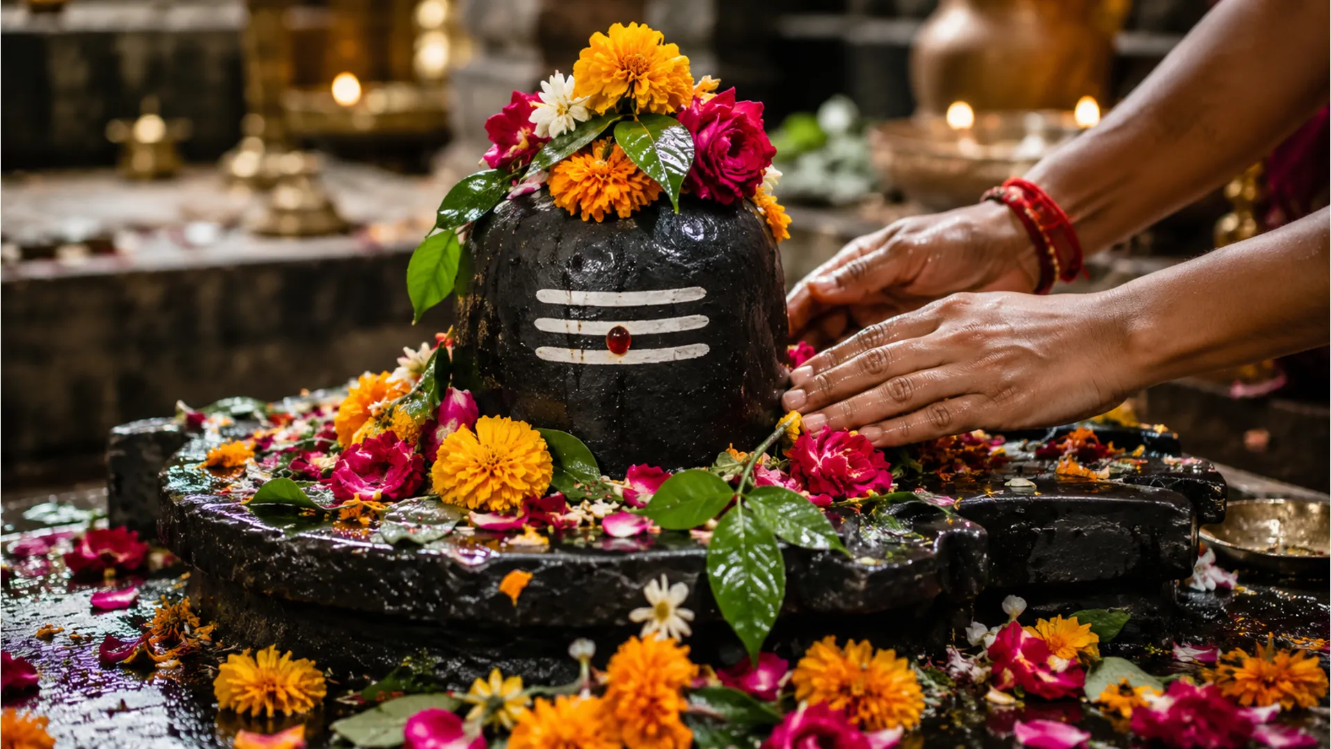 close-up of black stone Shiva lingam covered with marigold flowers and leaves