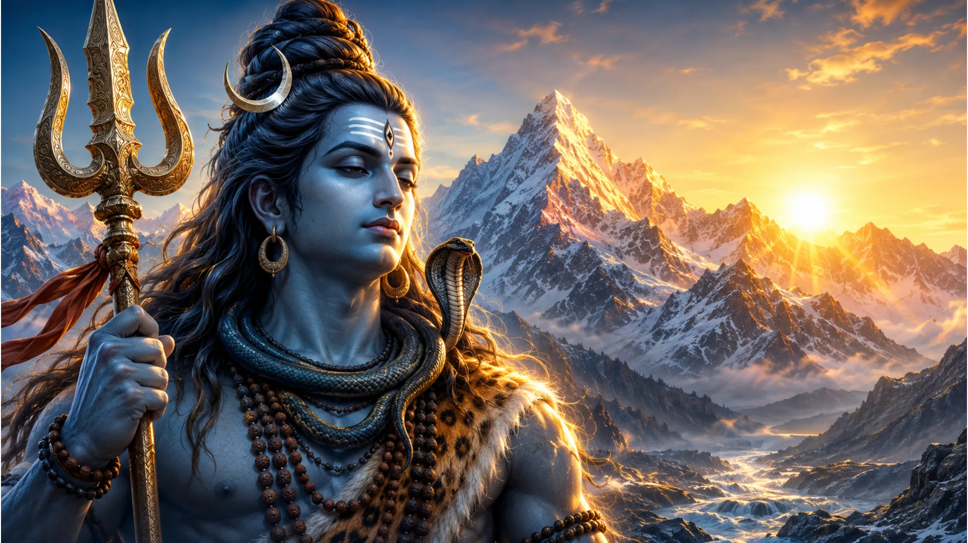 Close view of Lord Shiva holding a trident in snow-covered mountains at sunrise