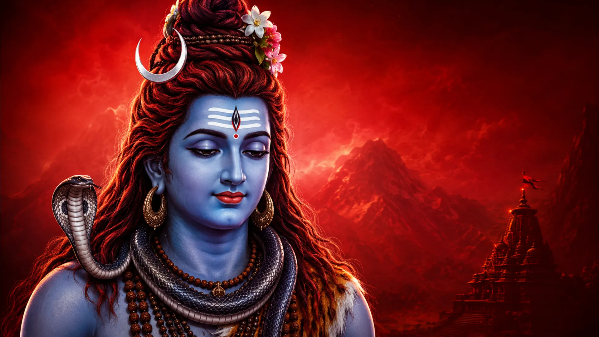A close-up view of a Lord Shiva idol with blue skin, red hair, floral decorations, and a snake around the neck.