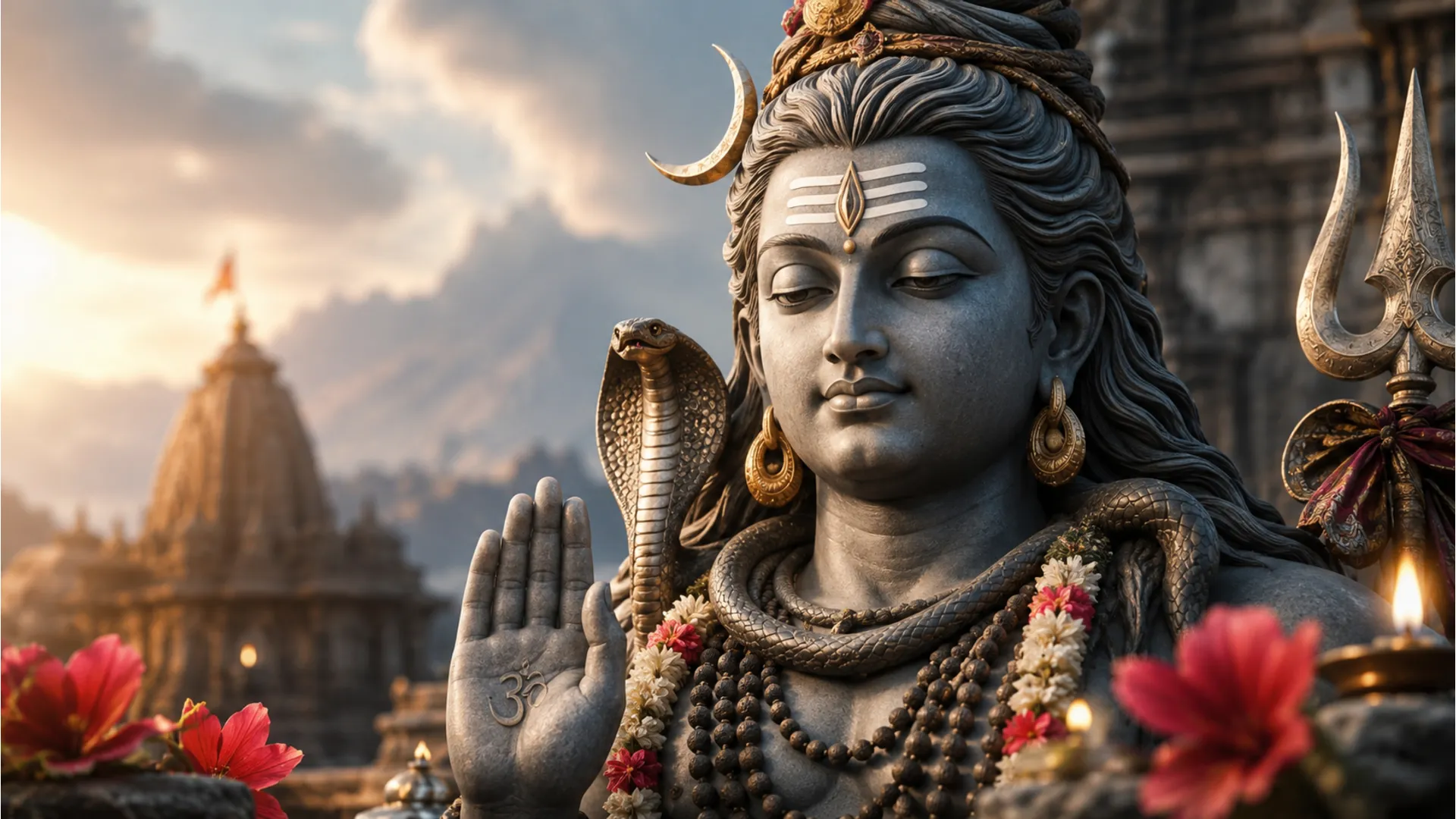 Close-up of Lord Shiva statue with raised blessing hand, cobra, garlands, and red flower offering