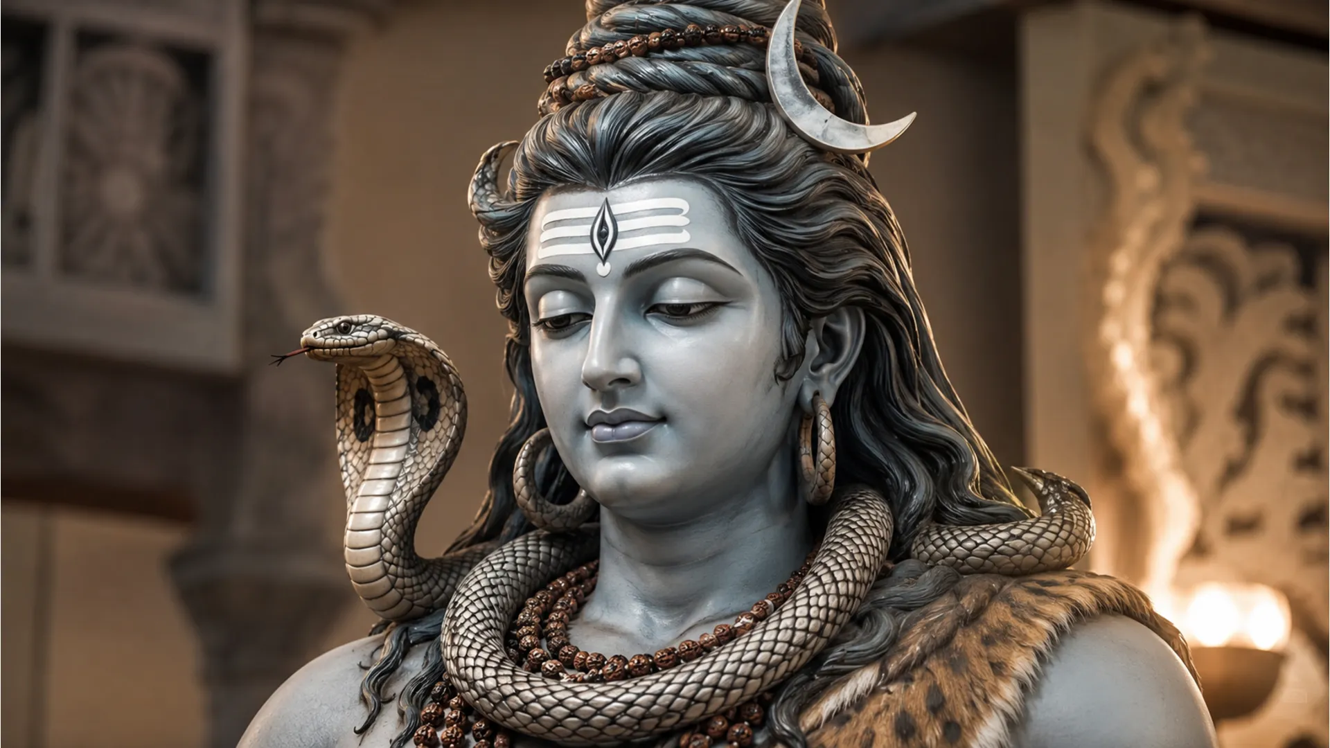Decorative statue of Lord Shiva with snakes around the neck and head.