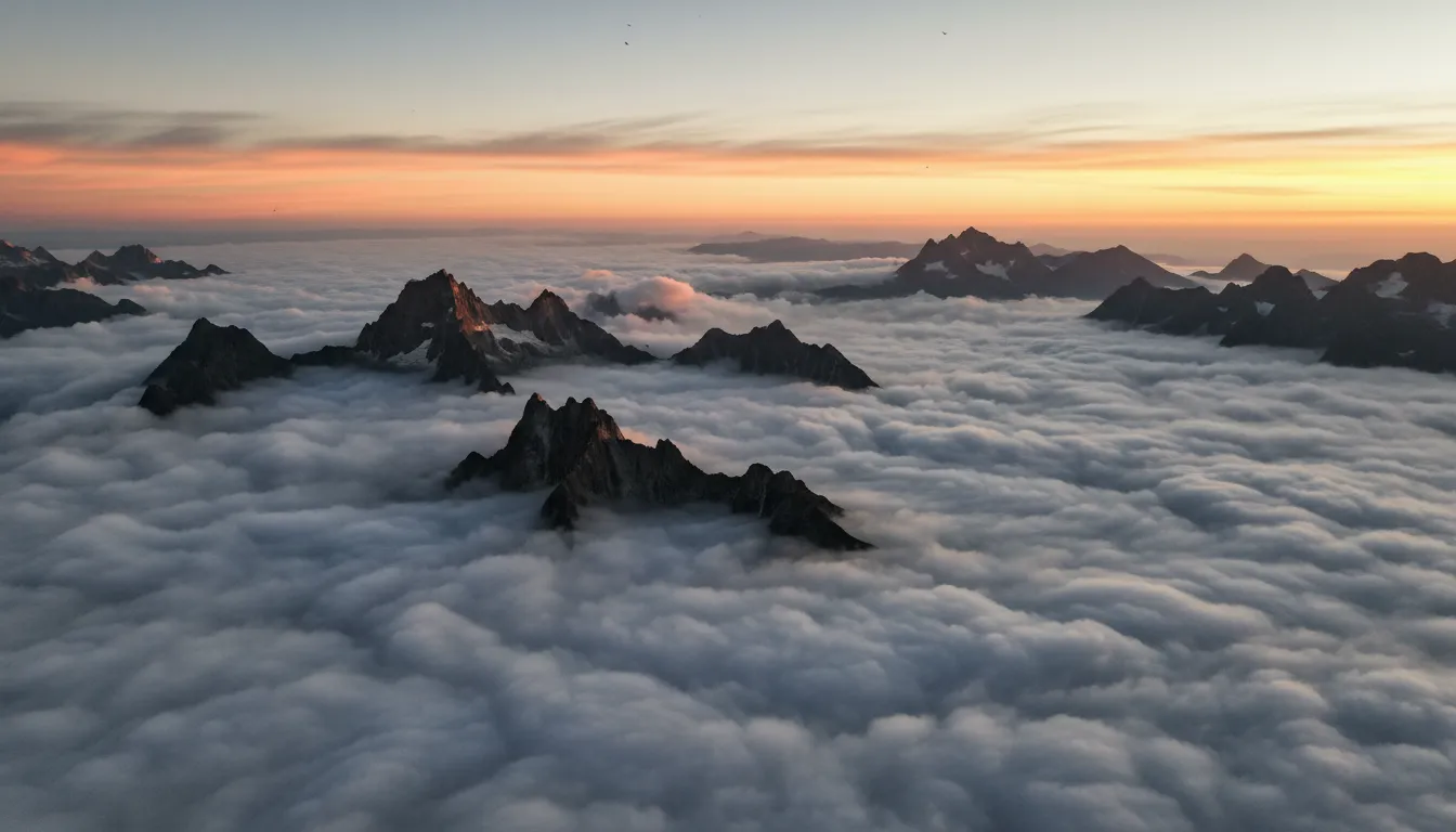 Dramatic view of mountain peaks emerging above a sea of white clouds during sunrise
