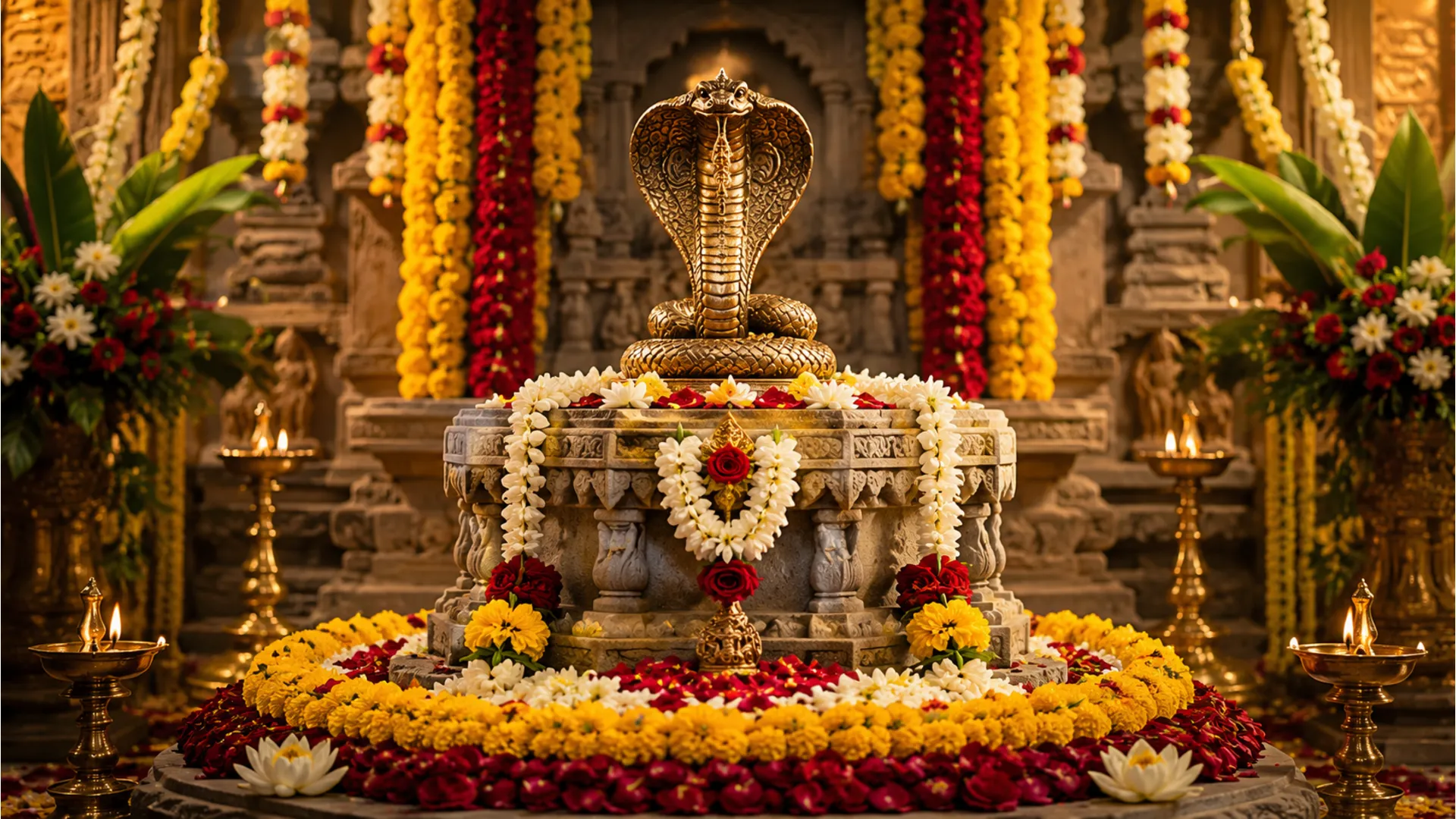 decorative shrine with cobra figure on top surrounded by colorful flowers
