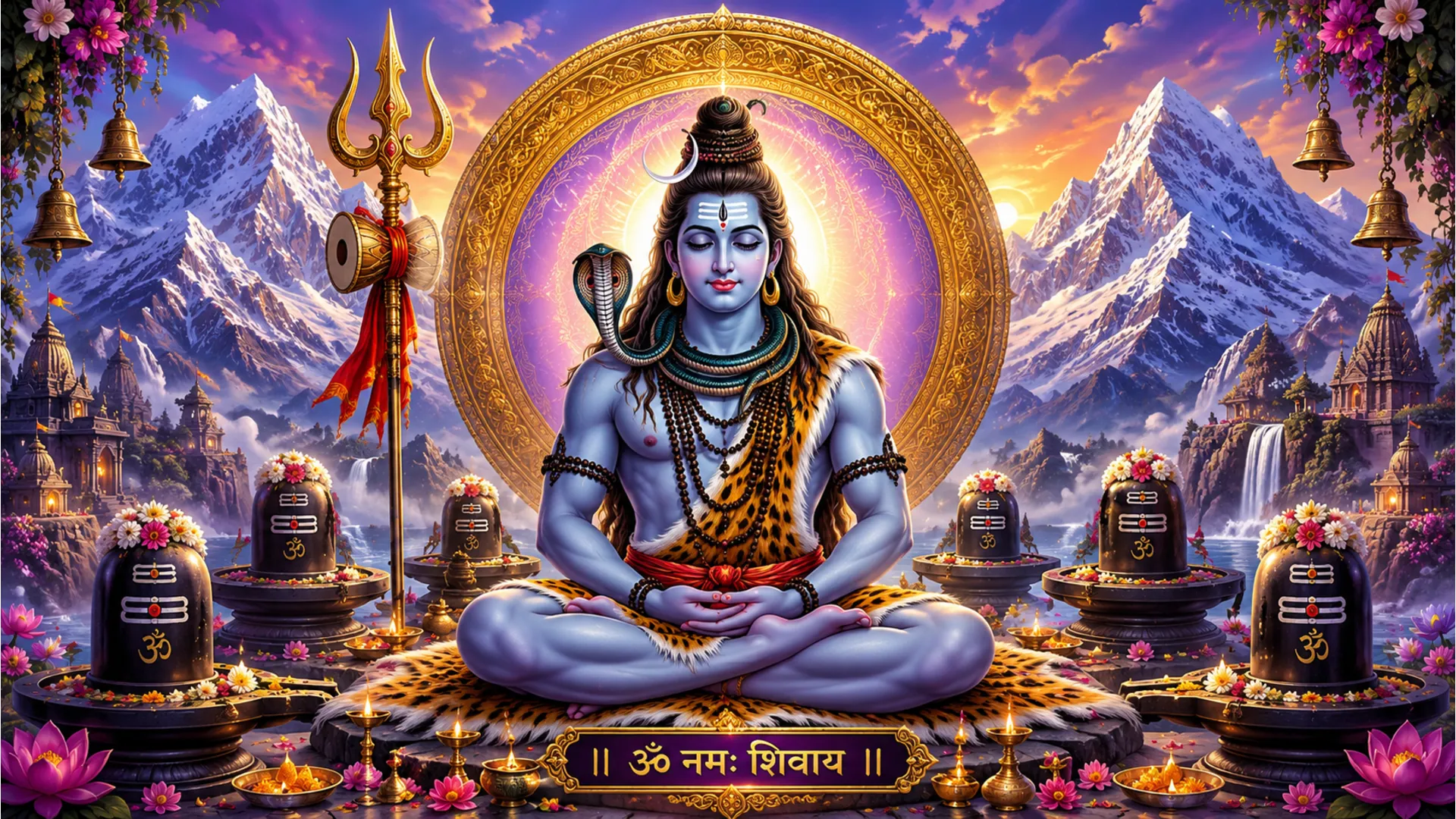 A colorful devotional illustration of Lord Shiva seated in meditation with a trident, snake, lingams, mountains, and glowing divine elements.