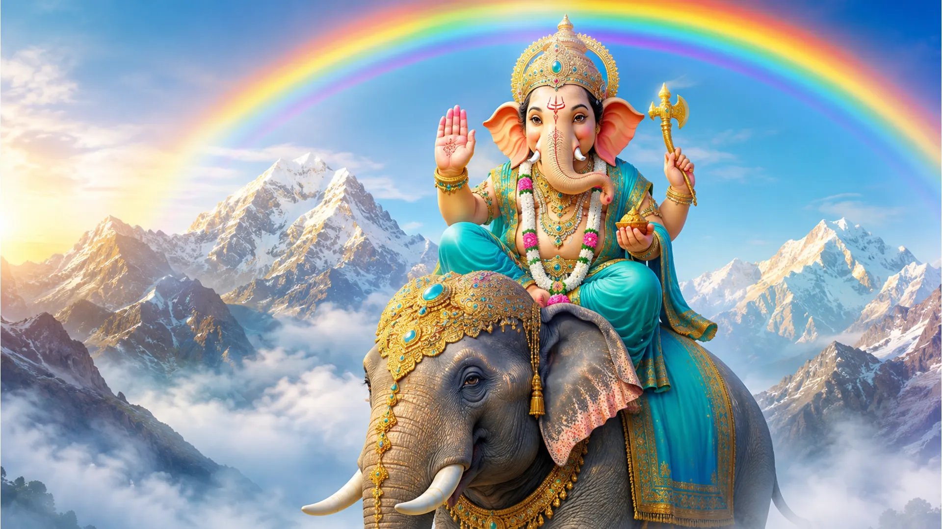 Lord Ganesha raising hand in blessing while sitting on elephant under a vivid rainbow