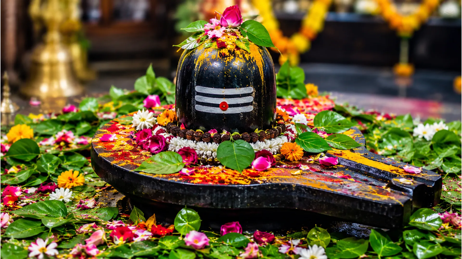 Shiva lingam decorated with green leaves and colorful powders