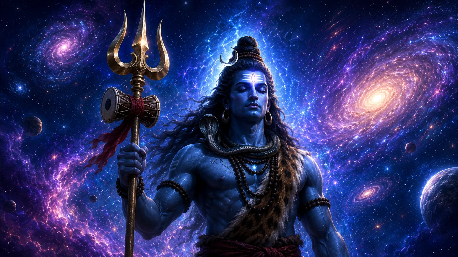 Lord Shiva holding a shining trident and a damru against a cosmic background of stars and galaxies.