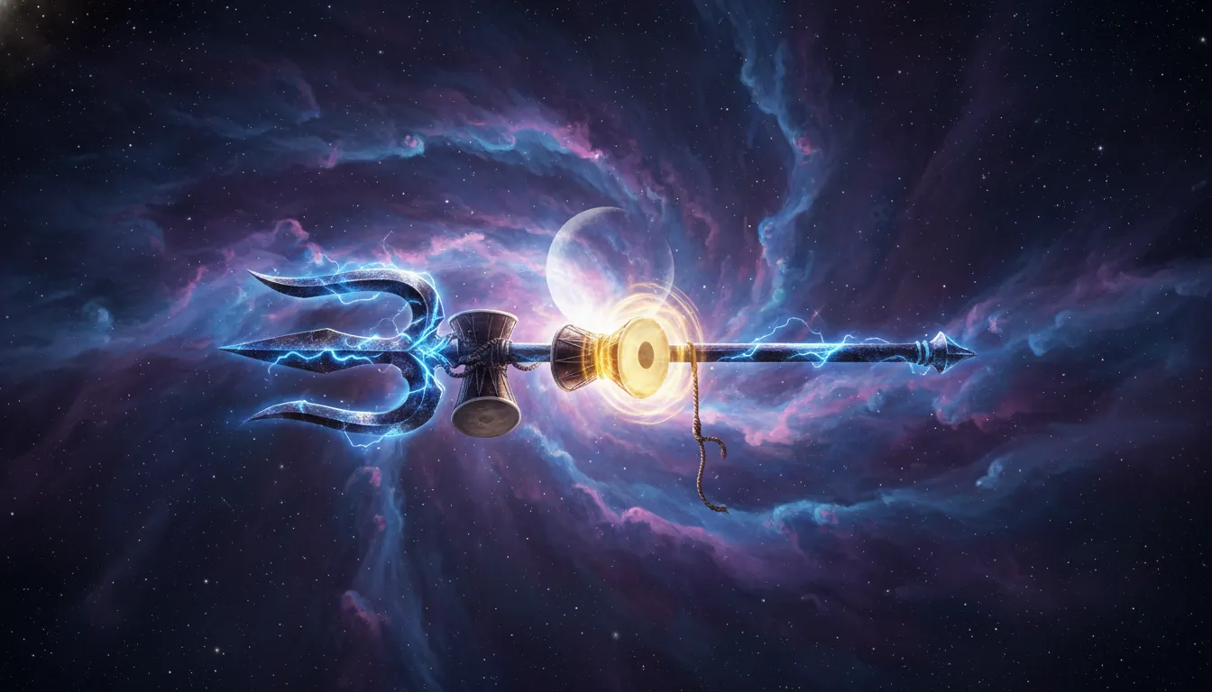Cosmic Mahadev Trishul HD wallpaper 1080p with nebula background.