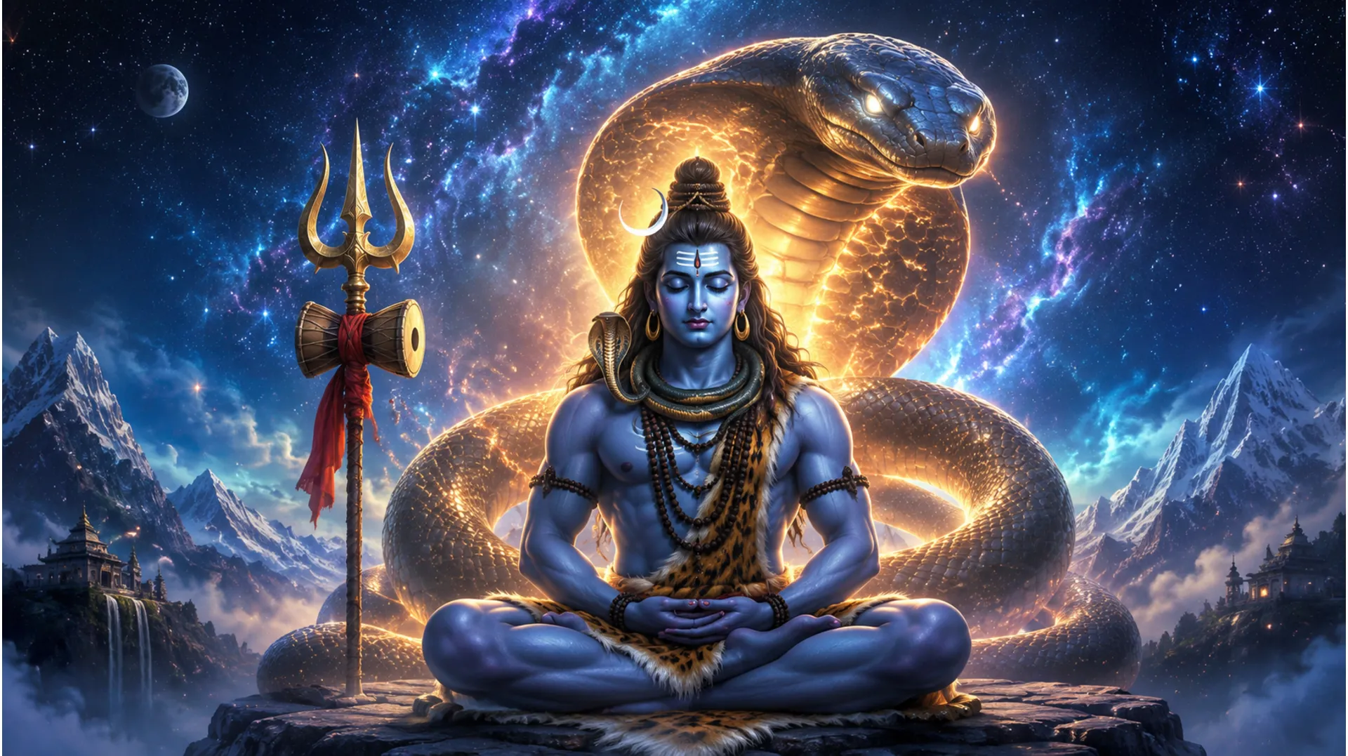 Lord Shiva meditating with a glowing celestial serpent coiled behind him in a cosmic setting.