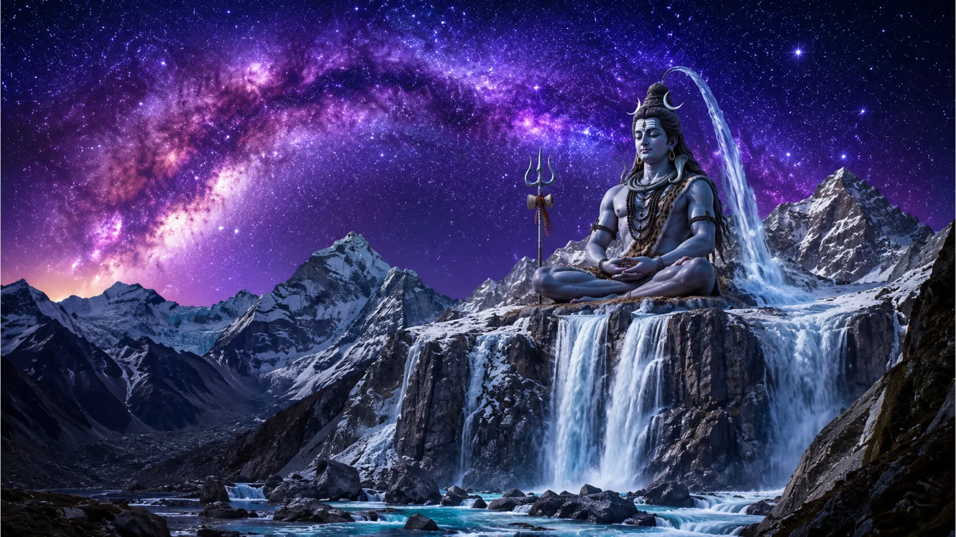 Lord Shiva meditating above a high-altitude mountain waterfall under a starry cosmic sky
