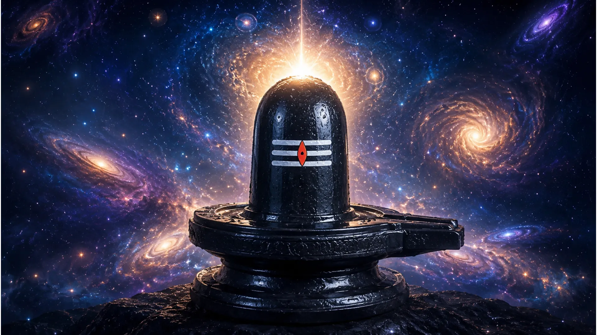 Lord Shiva lingam in a cosmic universe backdrop with stars and galaxies in 1080p resolution.