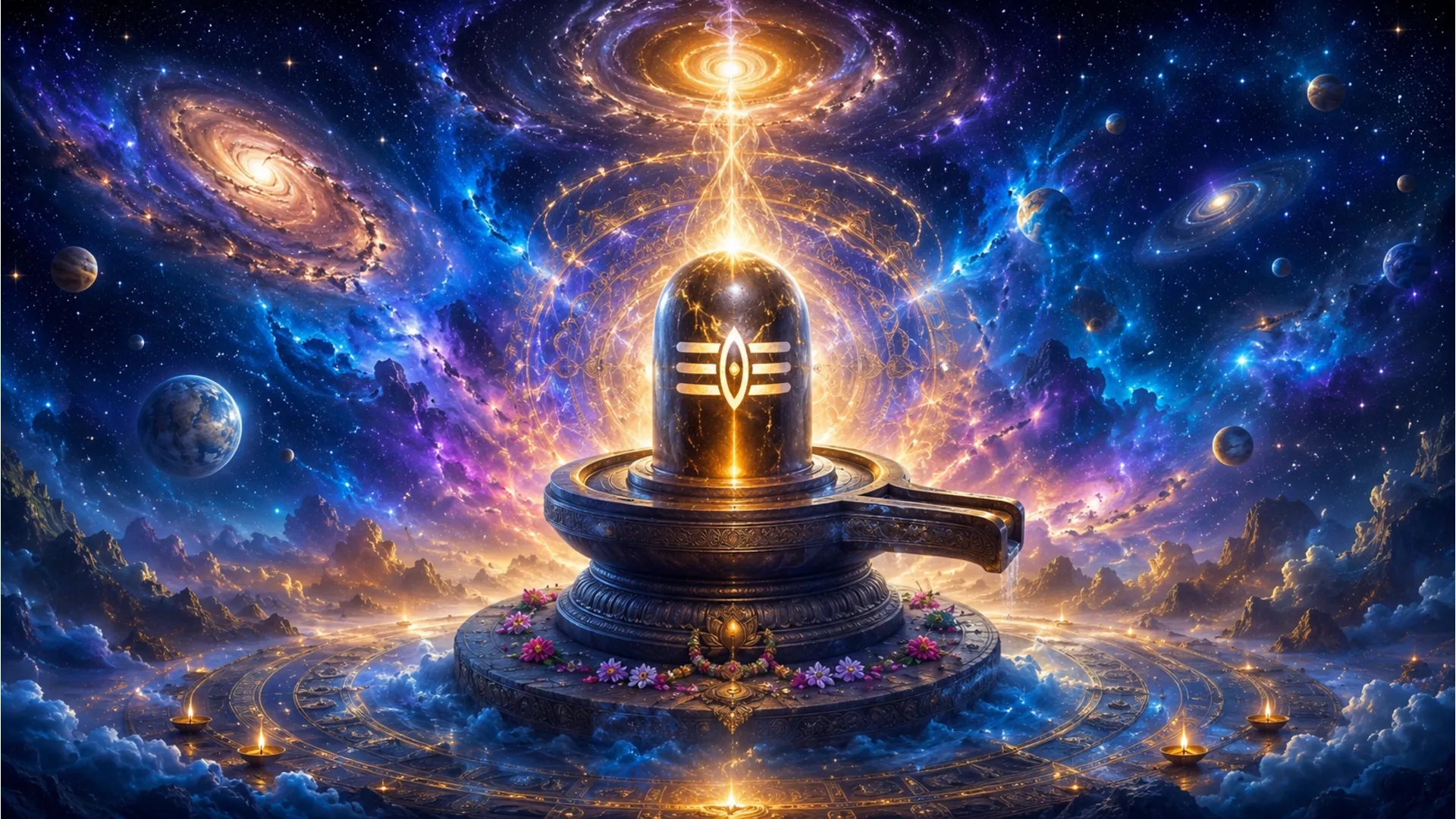 Full HD Shiva Lingam HD wallpapers 1080p with cosmic galaxy background representing Lord Shiva infinite energy.