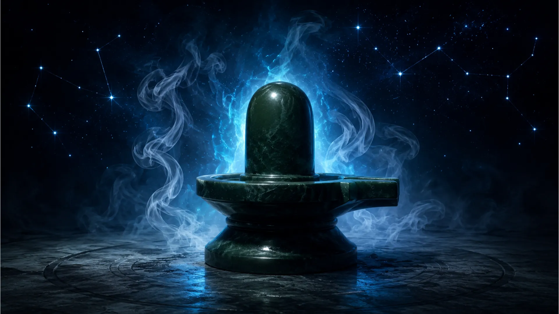 A spiritual Shiva Lingam radiating blue light and cosmic energy in a meditation room