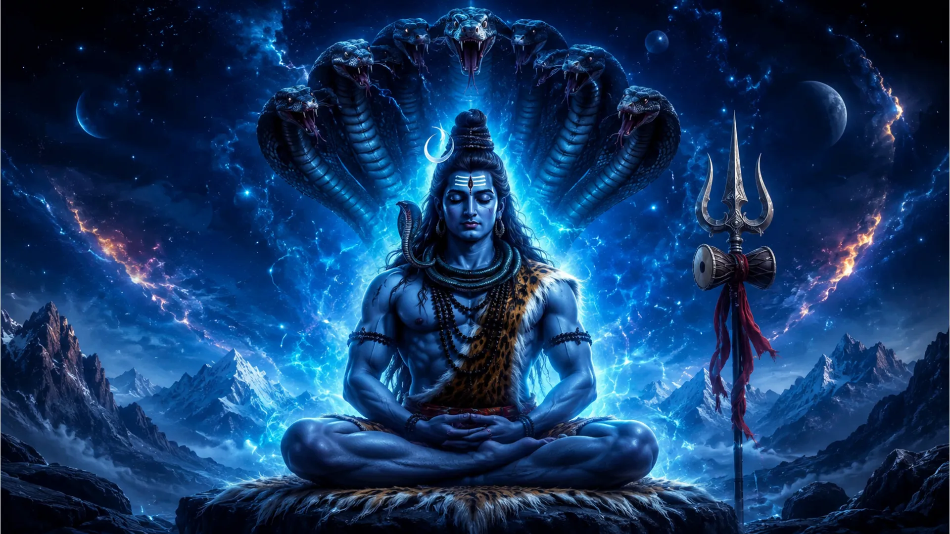 Shiva meditating under multi-headed serpent with glowing aura and trident