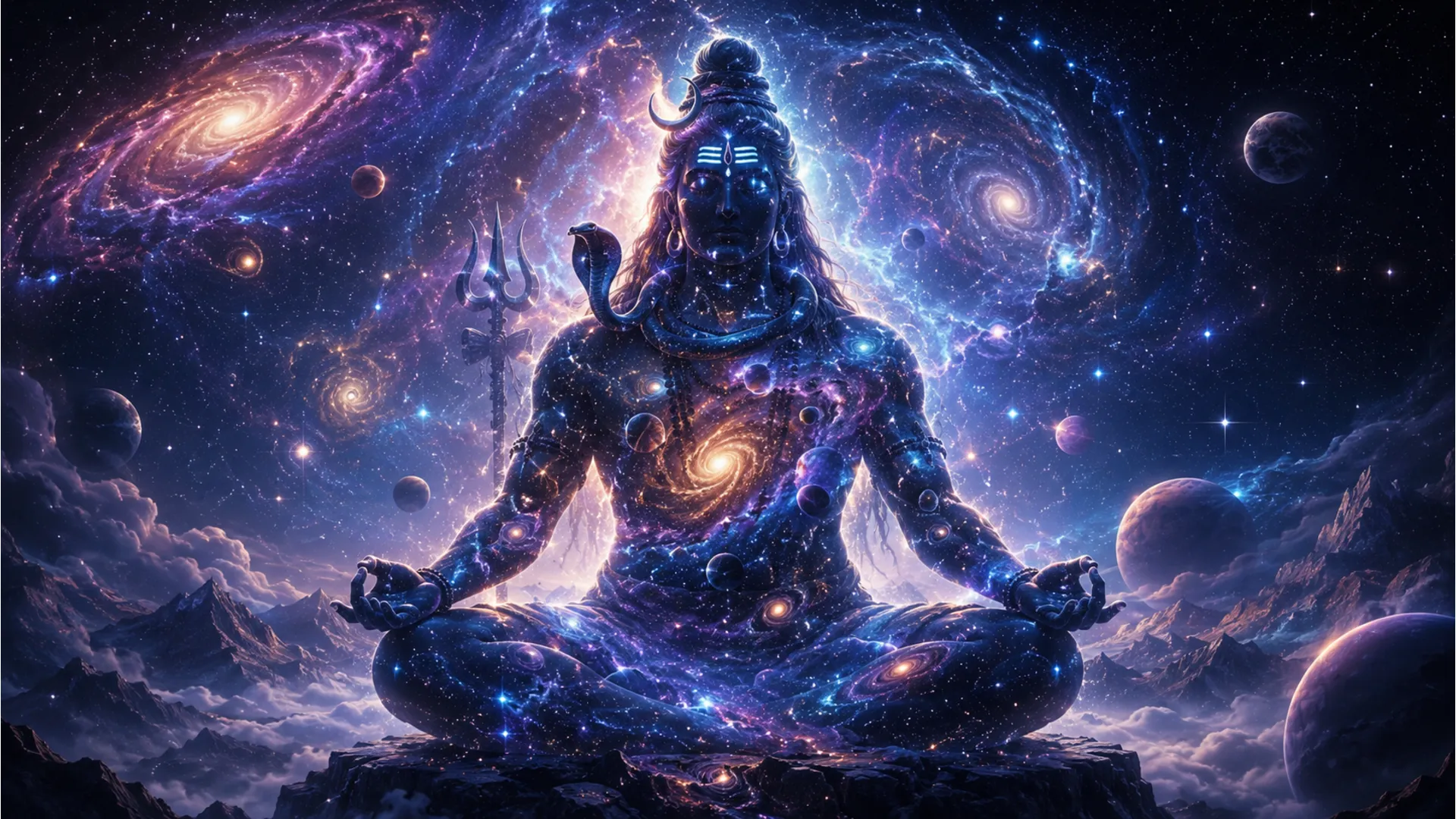 Majestic silhouette of Lord Shiva in the cosmic galaxy wallpaper hd 1080p