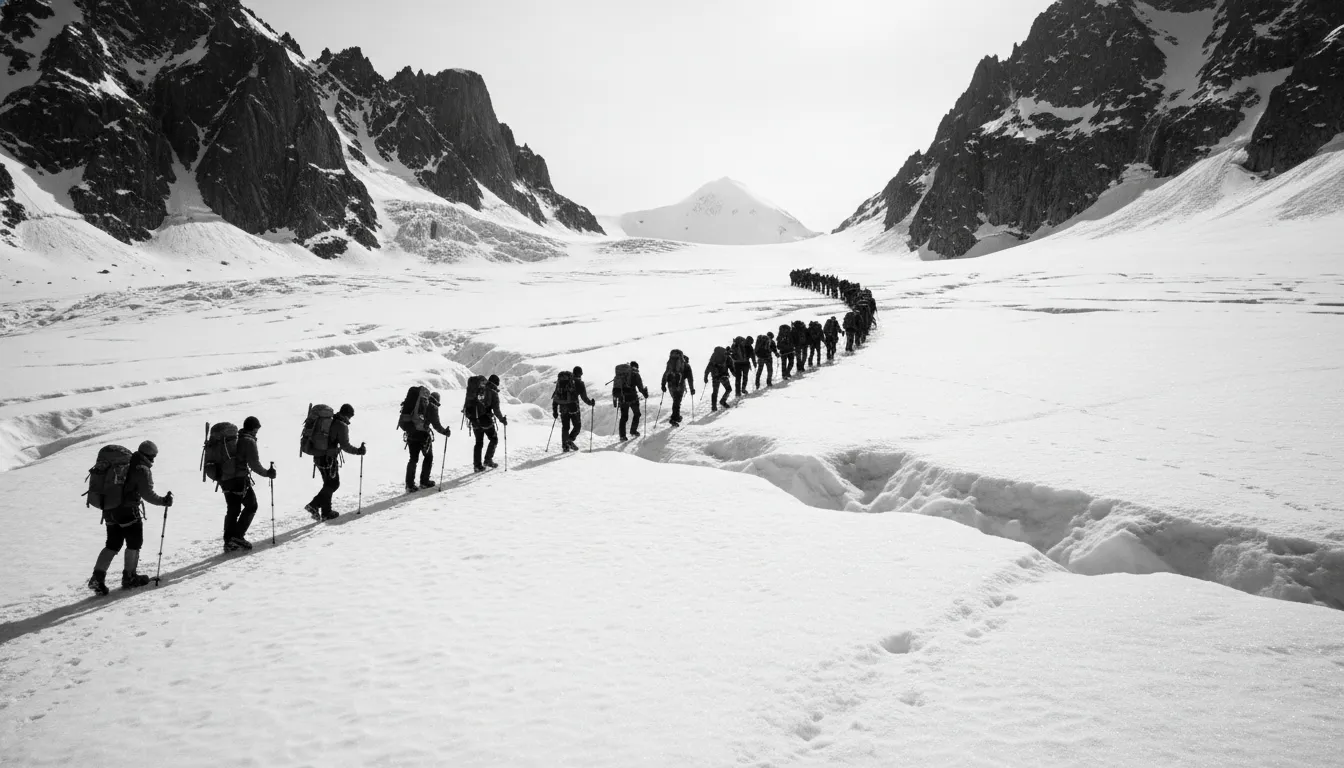 Pilgrims cautiously walking across a massive white snow glacier during Shrikhand trek