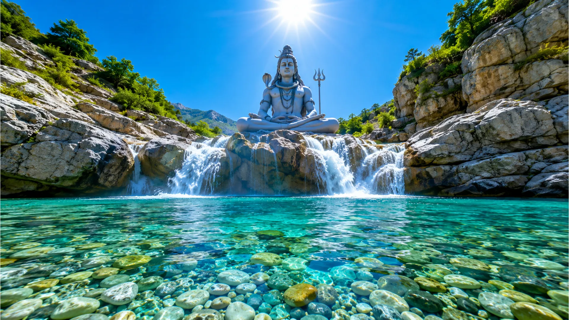 Lord Shiva meditating above a crystal clear turquoise waterfall pool under bright midday sun