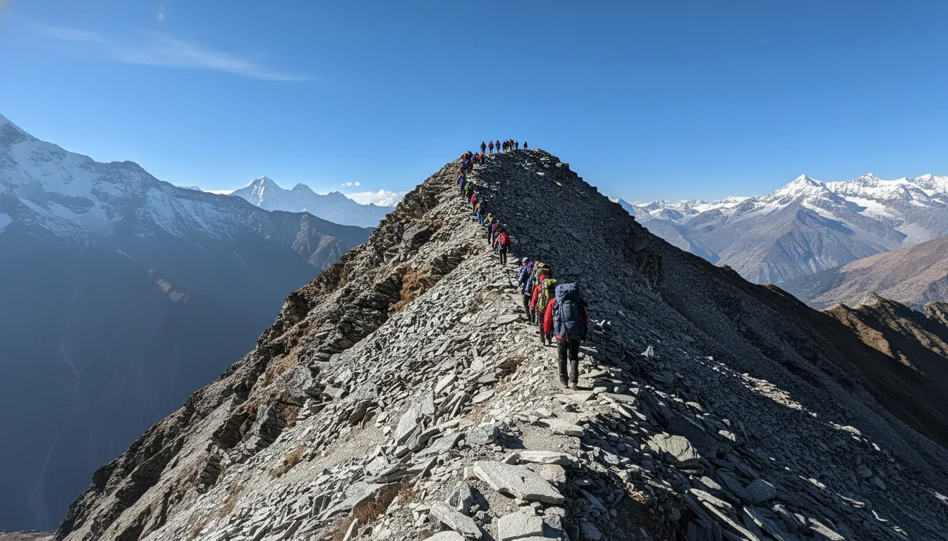 Trekkers climbing a dangerous and steep rocky mountain path near Shrikhand peak