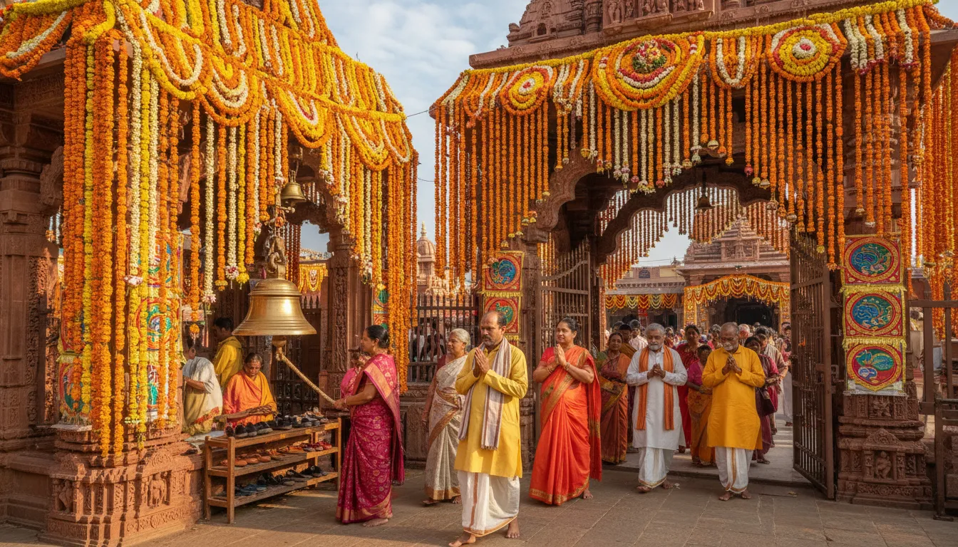 The main entrance gate of Mukteshwar Mahadev Temple decorated with colorful flowers and small bells.