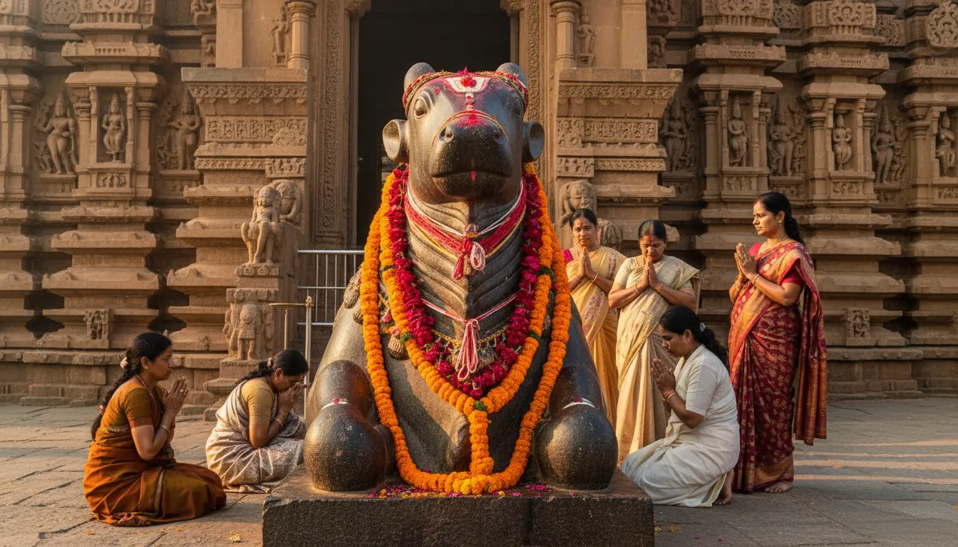 A close-up of a beautifully decorated stone Nandi statue at Mukteshwar Mahadev Temple.