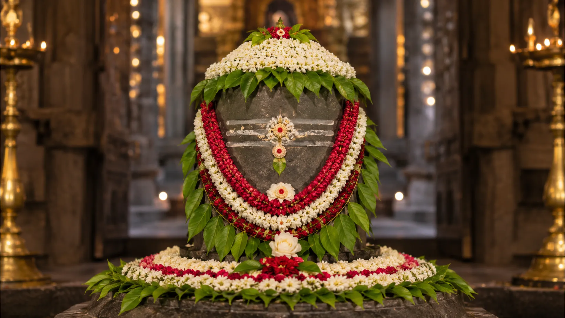 sacred stone covered with white and red flowers and decorative leaves