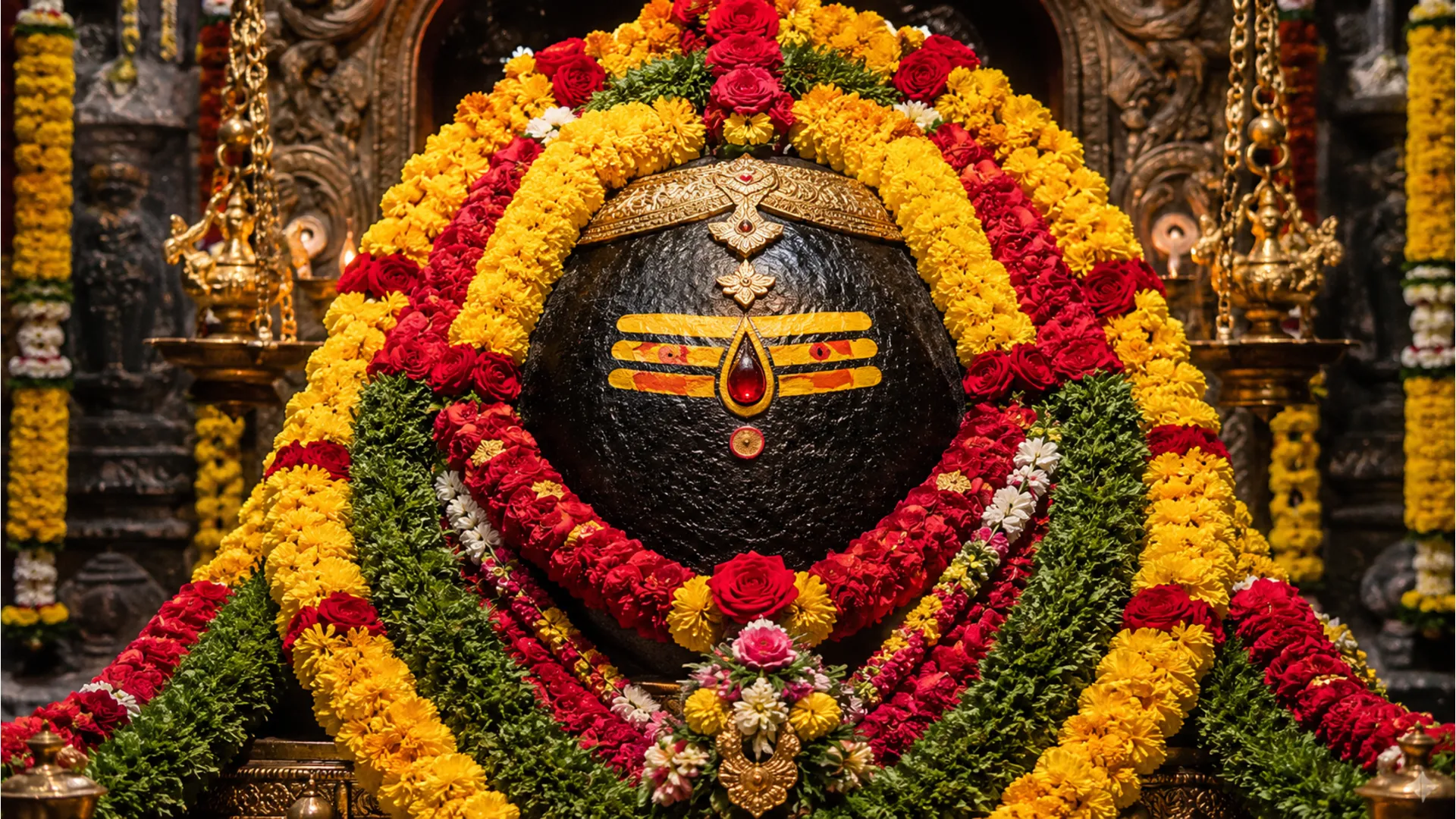 Small Shiva lingam adorned with jewelry, leaves, and red flowers in a decorative setup
