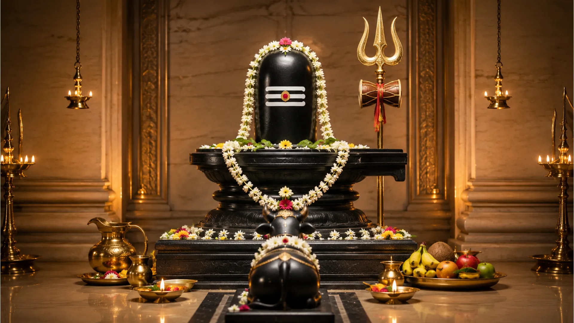large decorated shiva lingam with white garlands trident and nandi statue nearby
