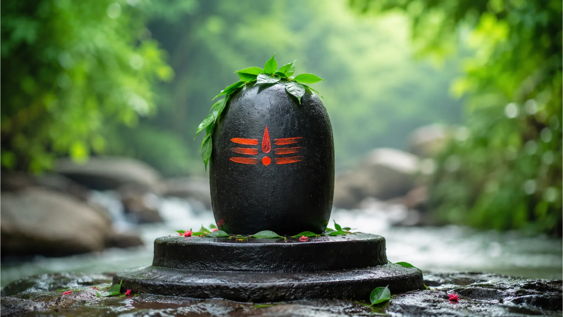 Sacred stone decorated with green leaves and red markings outdoors
