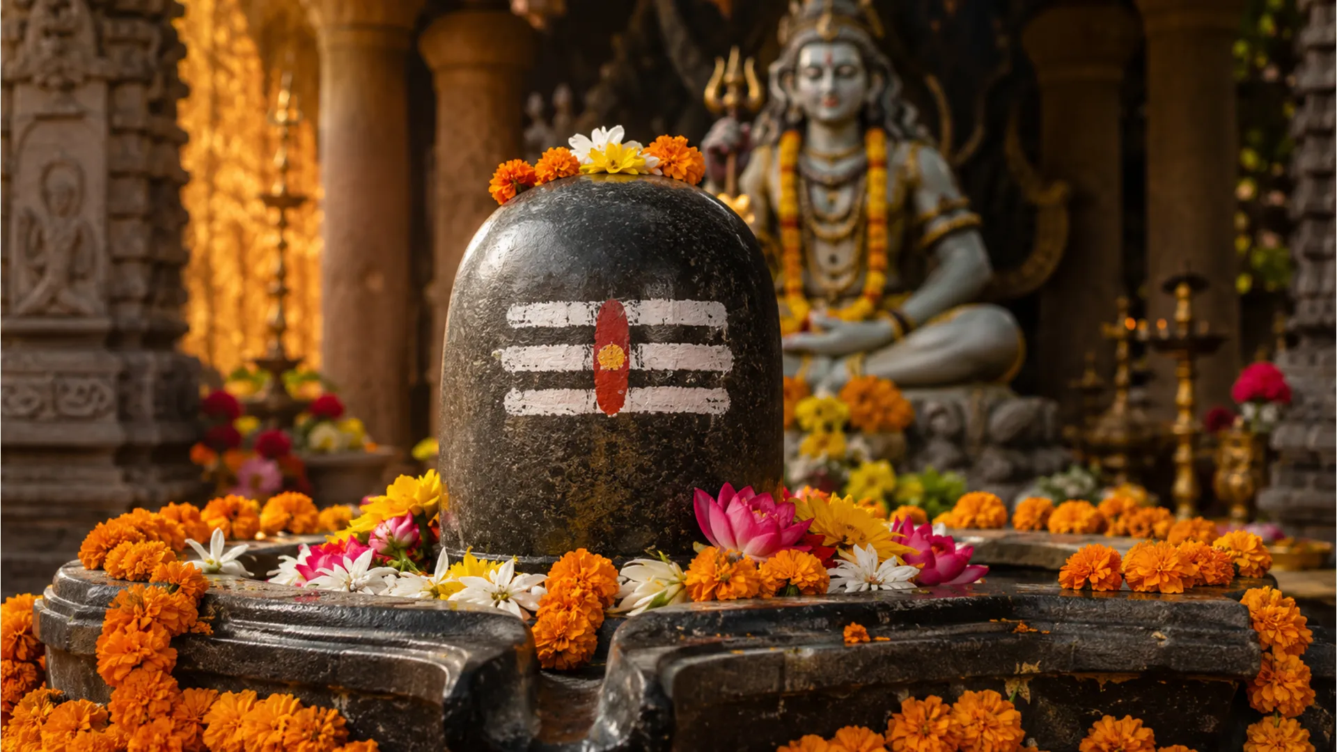 Sacred stone with painted markings, flowers, and statue in background