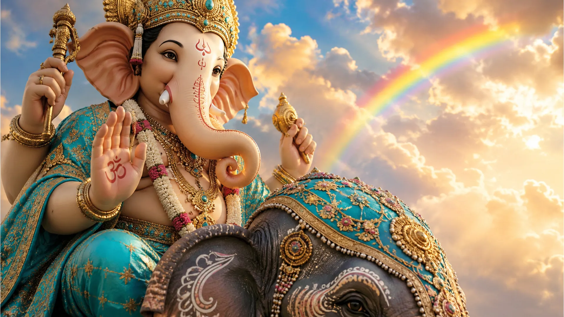 Close up of Lord Ganesha in turquoise dress on decorated royal elephant with colorful rainbow