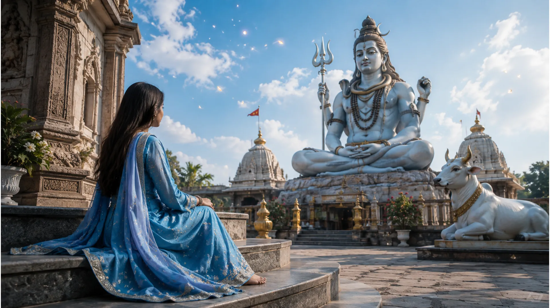 A woman in blue traditional clothing sits on temple steps facing a giant statue of Lord Shiva under a bright blue sky.