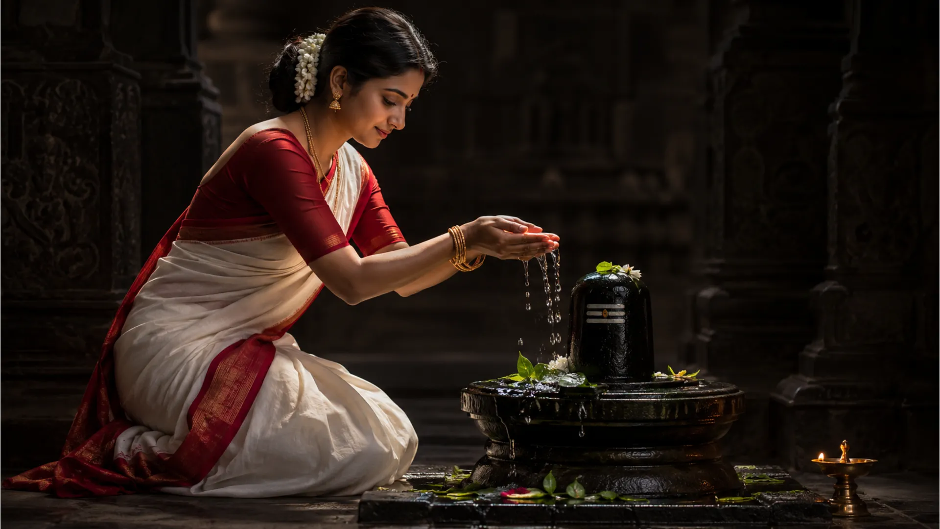 A woman in traditional attire pours water over a Shiva lingam during a devotional ritual.